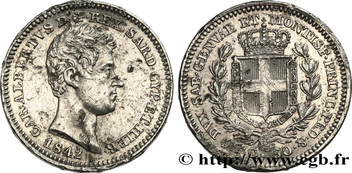 ITALY - KINGDOM OF SARDINIA 50 Centesimi Charles Albert 1842 Turin AU 