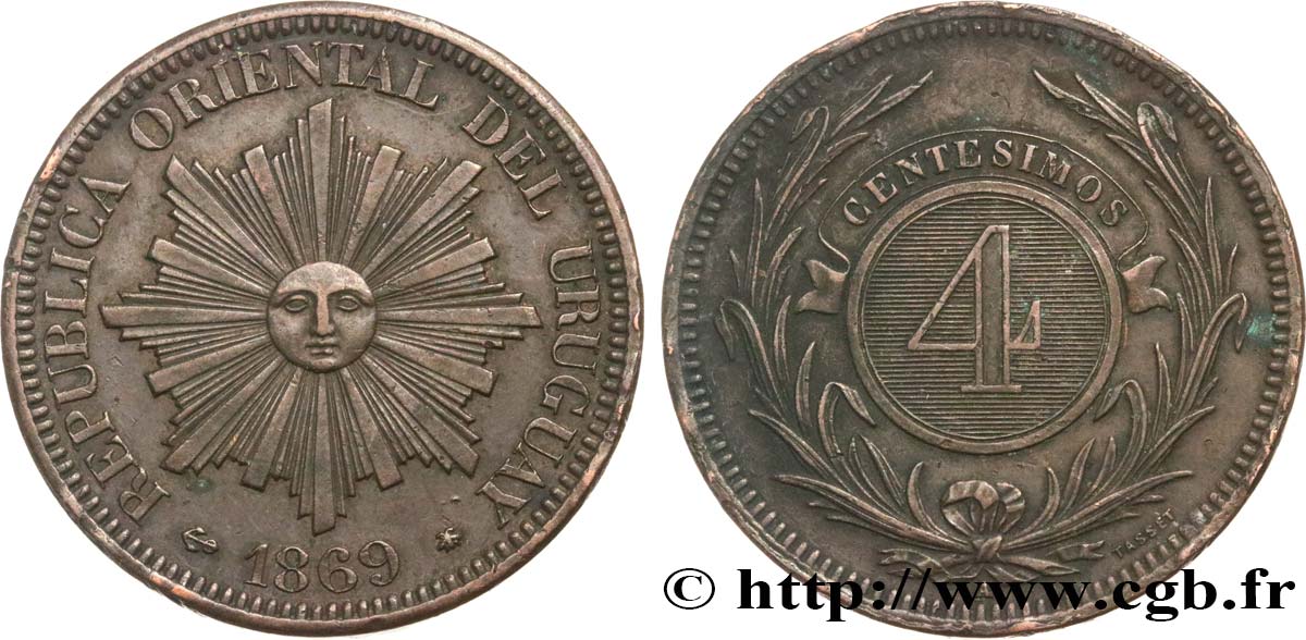 URUGUAY 4 Centesimos 1869 Paris XF 