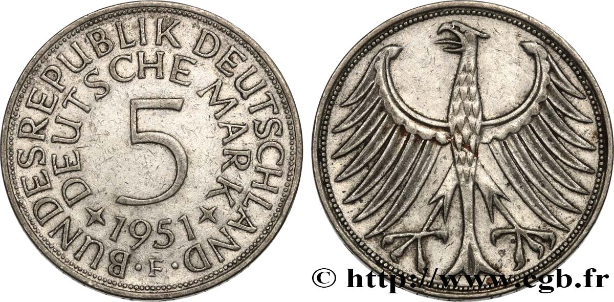 DEUTSCHLAND 5 Mark aigle 1951 Stuttgart SS 