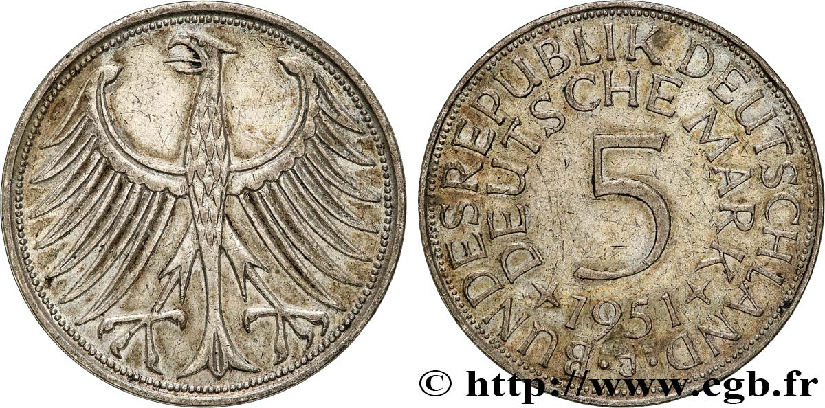 GERMANY 5 Mark aigle 1951 Hambourg XF 