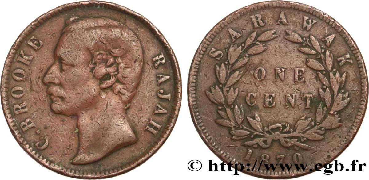 SARAWAK 1 Cent Sarawak Rajah J. Brooke 1870  VF 