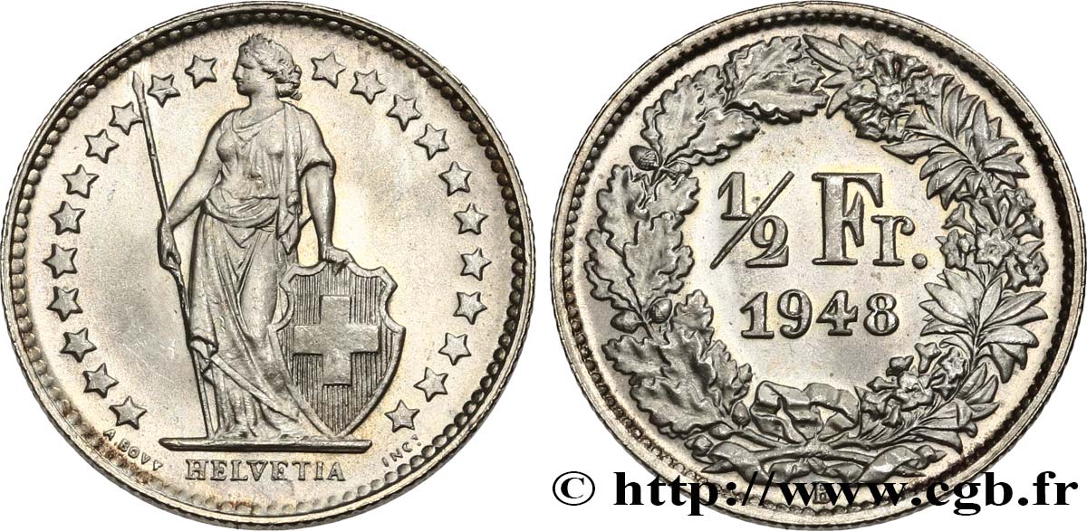 SUISSE 1/2 Franc Helvetia 1948 Berne SPL 