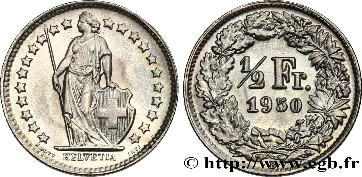 SUISSE 1/2 Franc Helvetia 1950 Berne SPL 
