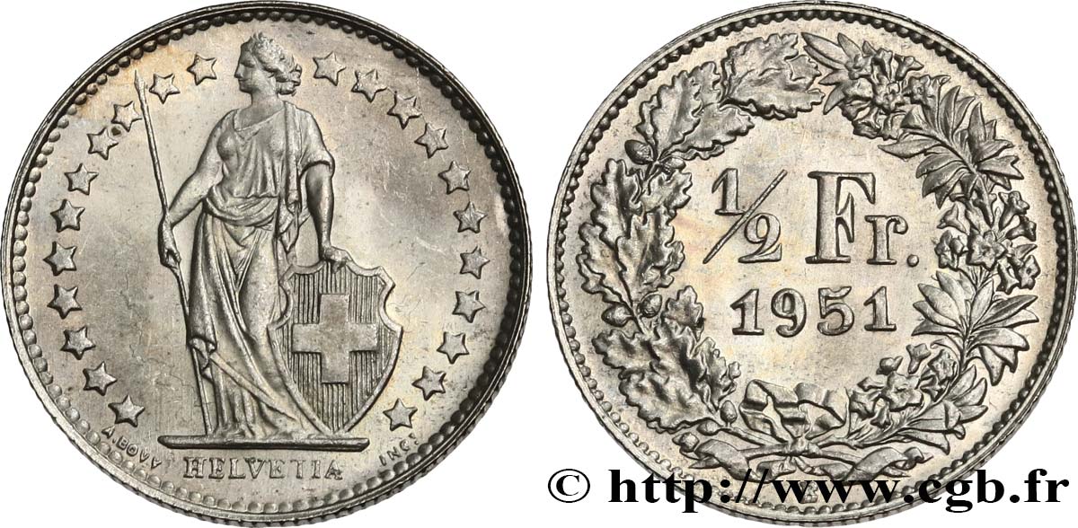 SUISSE 1/2 Franc Helvetia 1951 Berne - B SPL 