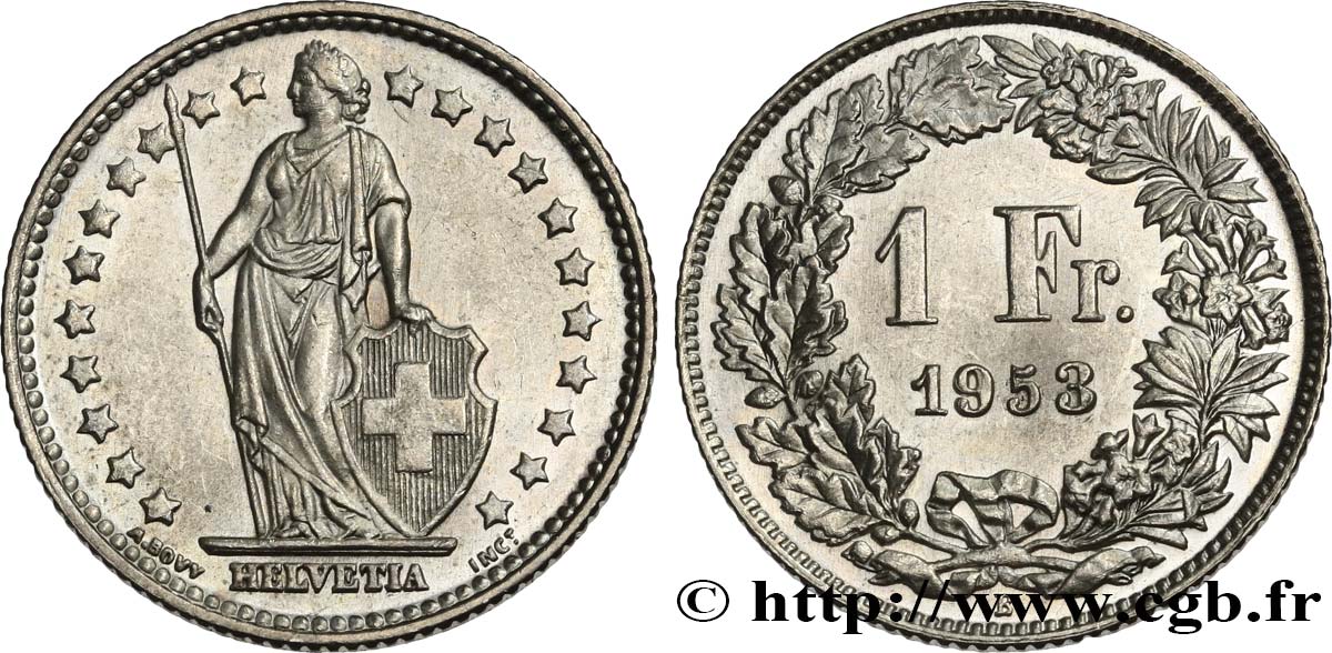 SUIZA 1 Franc Helvetia 1953 Berne SC 