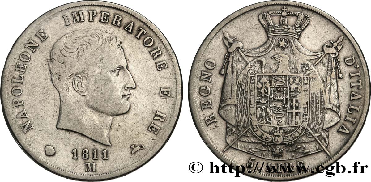 ITALIE - ROYAUME D ITALIE - NAPOLÉON Ier 5 Lire 1811 Milan TB+ 