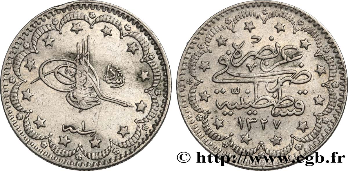 TURKEY 5 Kurush AH1327 an 1 1909 Constantinople AU 