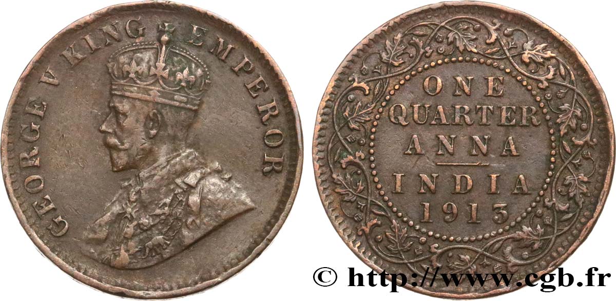BRITISH INDIA 1/4 Anna Georges V 1913 Calcutta XF 