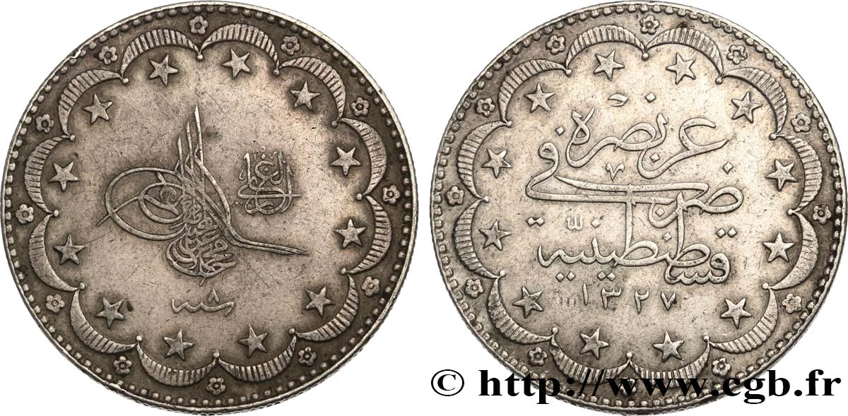 TURKEY 20 Kurush au nom de Mehmed V Resad AH1327 an 8 1916 Constantinople XF 