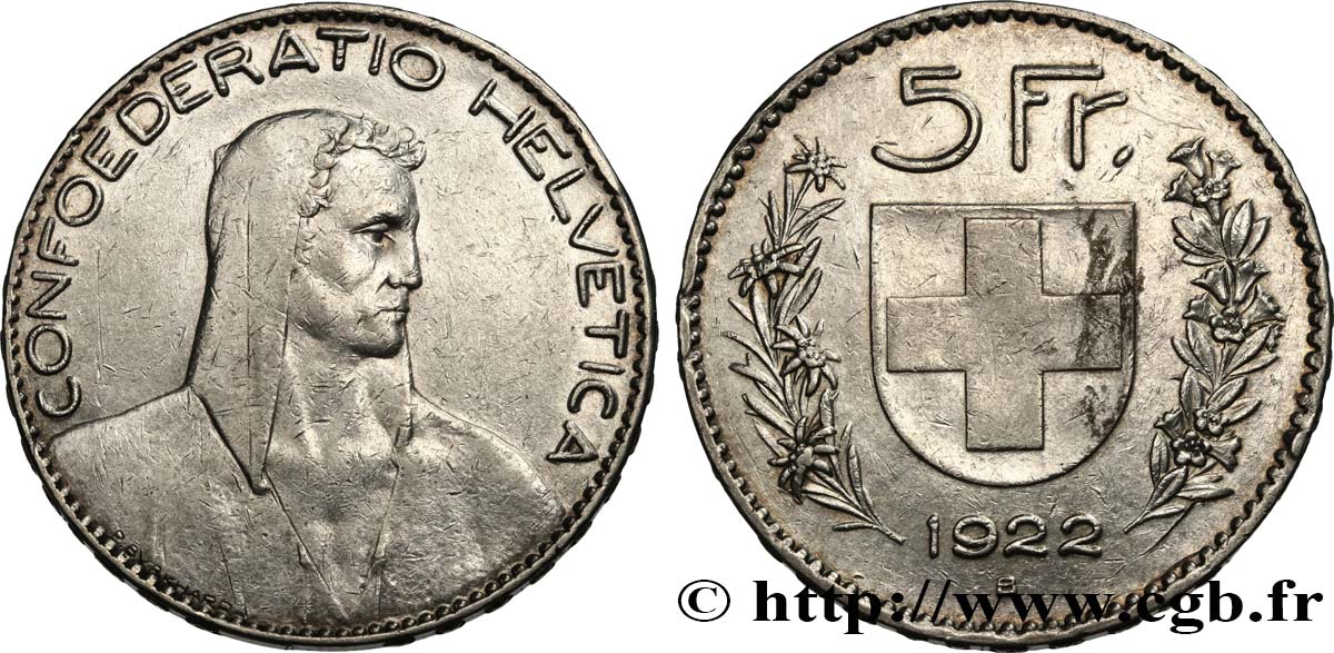 SWITZERLAND 5 Francs Berger 1922 Berne XF/AU 