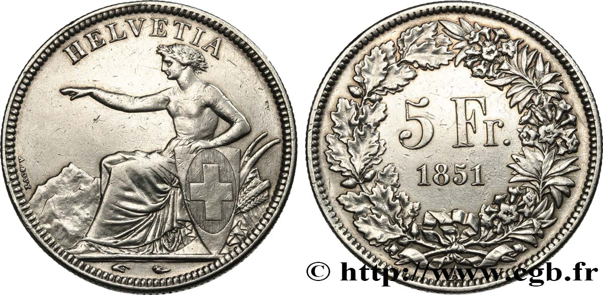 SUISSE - CONFEDERATION 5 Francs Helvetia assise 1851 Paris BB 