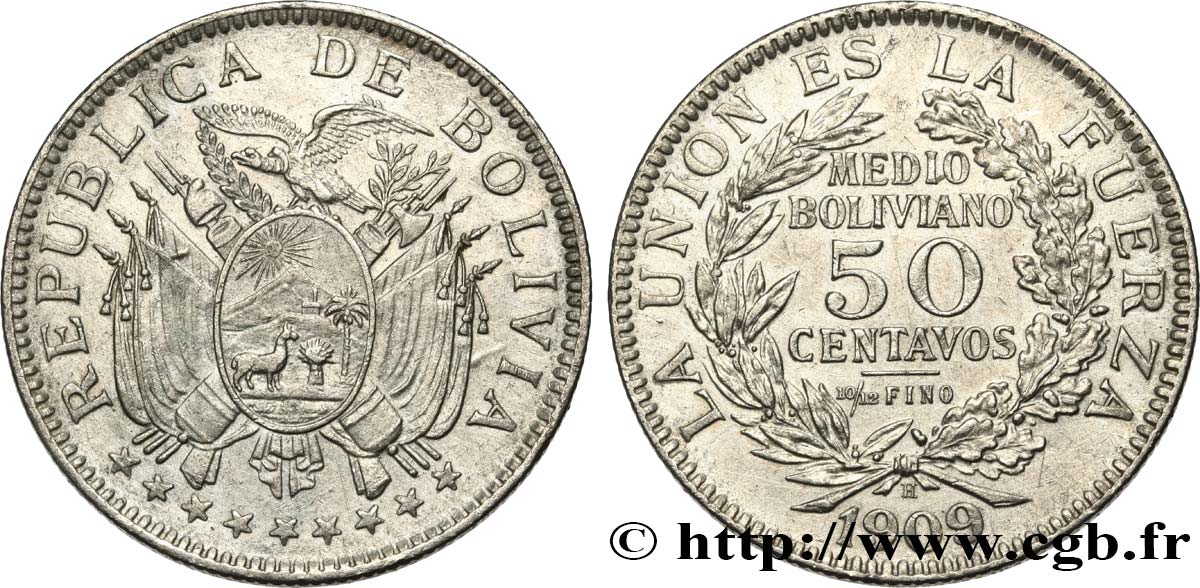 BOLIVIA 50 Centavos (1/2 Boliviano) 1909 Potosi AU 