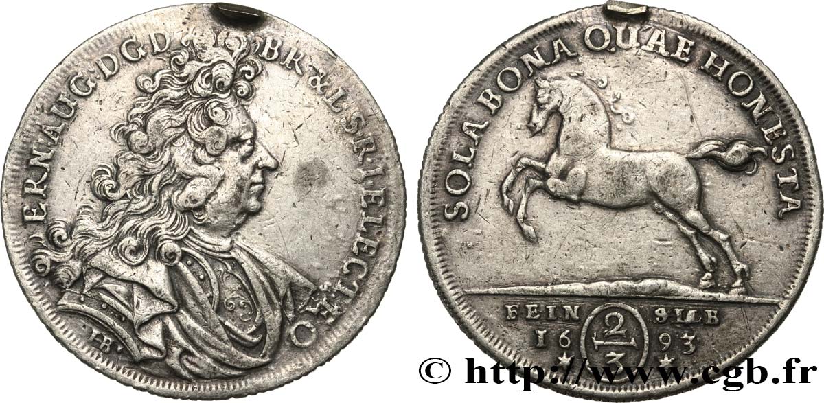 ALEMANIA - HANóVER 2/3 Thaler ou Gulden Ernest Auguste 1693 Clausthal MBC 