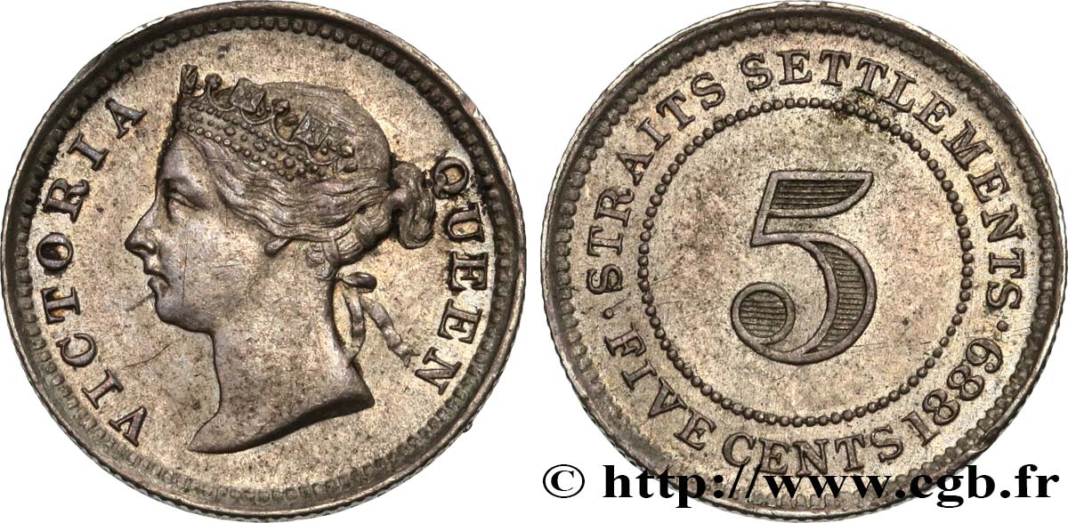 MALAISIE - ÉTABLISSEMENTS DES DÉTROITS 5 Cents Victoria 1889  SUP 