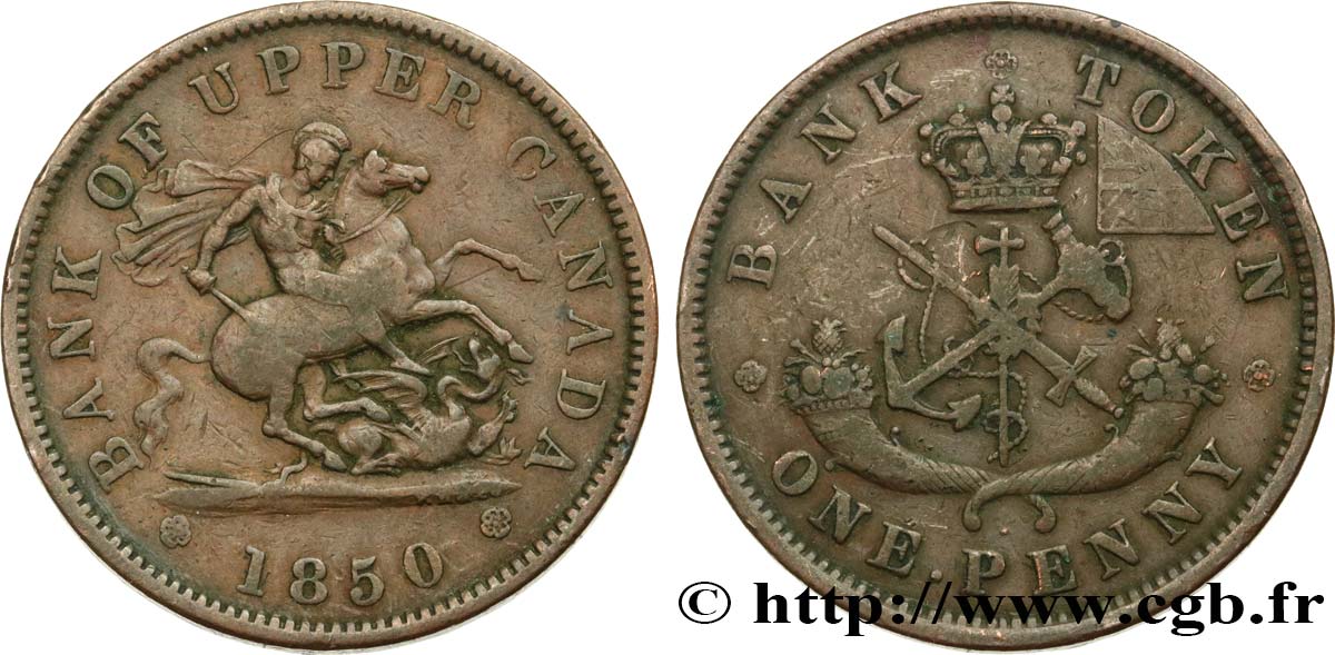 CANADA 1 Penny token Province du Haut Canada St Georges terrassant le dragon 1850 Heaton VF 