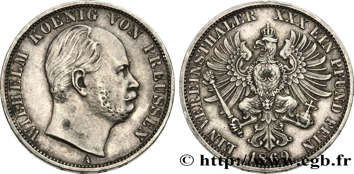 GERMANY - PRUSSIA 1 Thaler Guillaume 1869 Berlin AU 