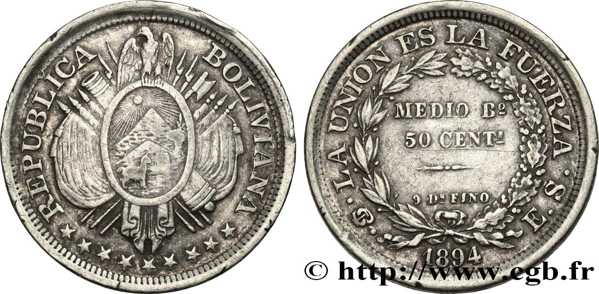 BOLIVIE 50 Centavos (1/2 Boliviano) 1894 Potosi TTB 