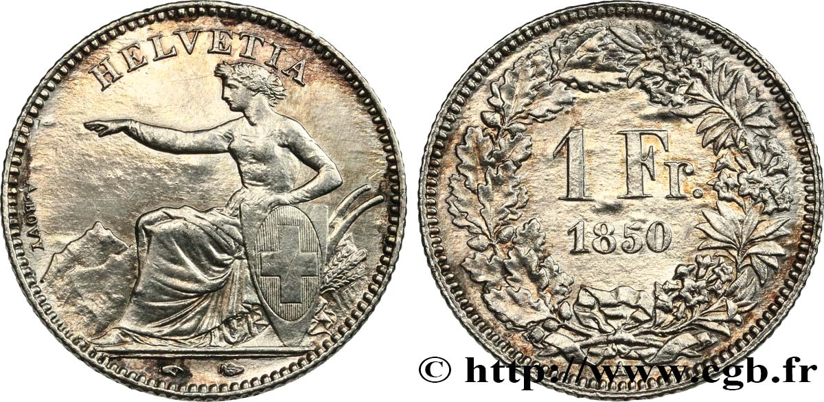SUISSE - CONFÉDÉRATION HELVÉTIQUE 1 Franc Helvetia assise 1850 Paris TTB 