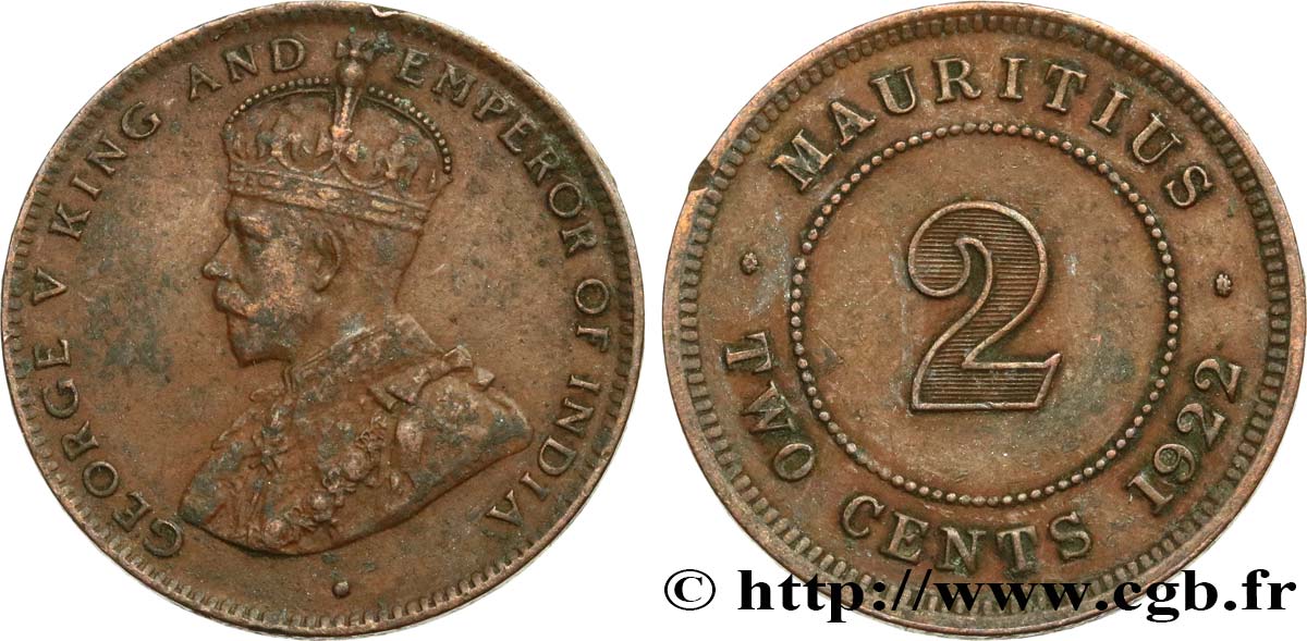 MAURITIUS 2 Cents Georges V 1922  VF 