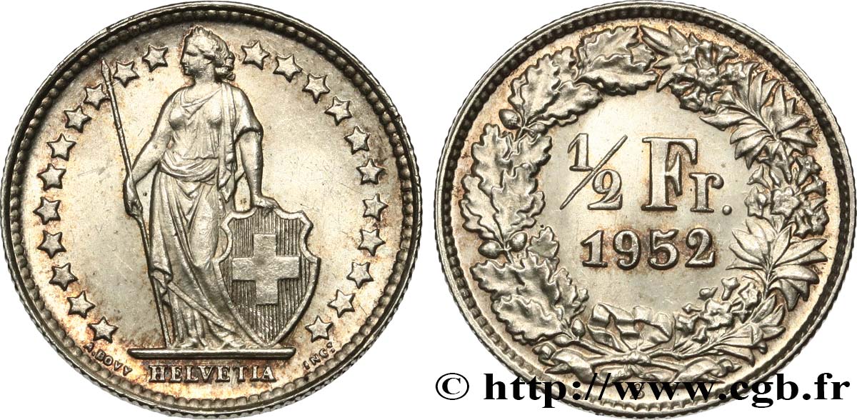SUISSE 1/2 Franc Helvetia 1952 Berne SPL 