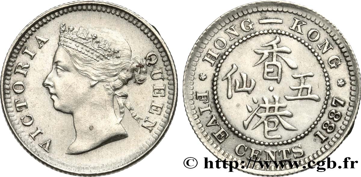 HONG KONG 5 Cents Victoria 1887  AU 