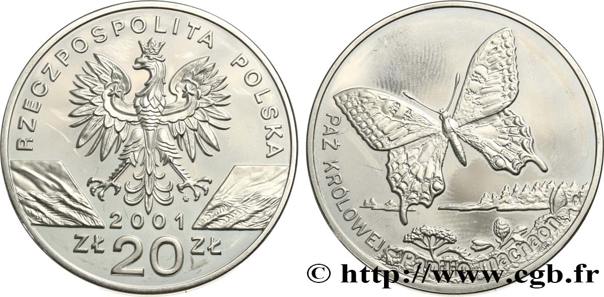 POLAND 20 Zlotych Proof Papillons 2001 Varsovie MS 