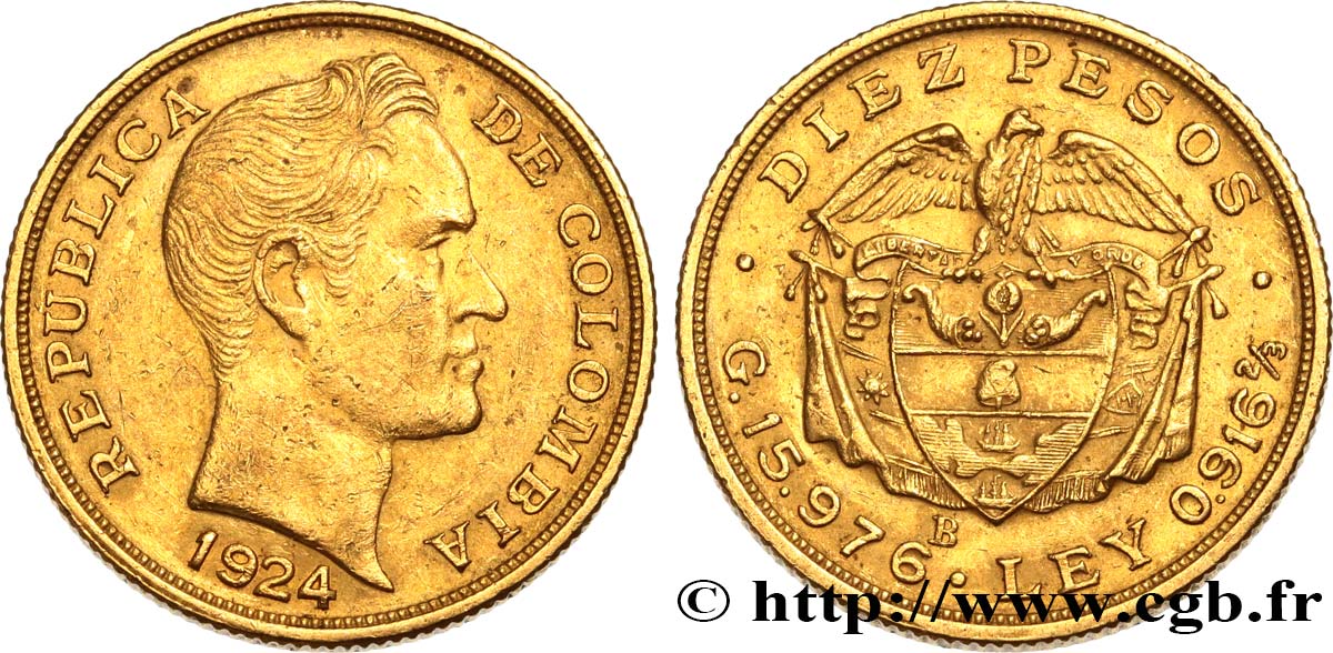 COLOMBIA 10 Pesos Simon Bolivar 1924 Bogota AU 