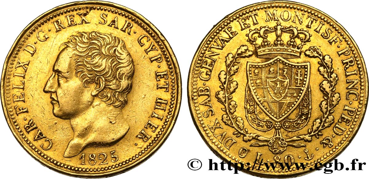 ITALY - KINGDOM OF SARDINIA 80 Lire Charles-Félix 1825 Gênes AU 