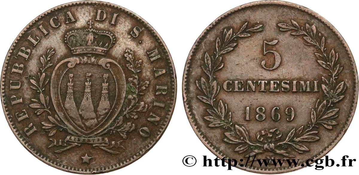 SAN MARINO 5 Centesimi écu aux trois tours 1869 Milan XF 