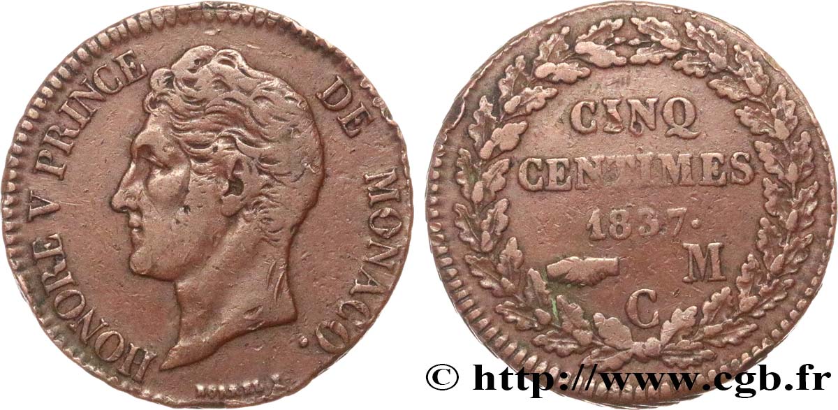 MONACO 5 Centimes Honoré V petite tête en cuivre rouge 1837 Monaco VF 