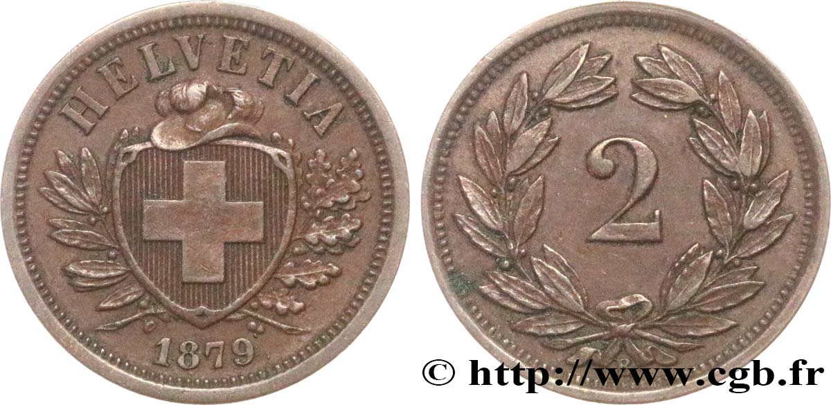SWITZERLAND 2 Centimes (Rappen) 1879 Berne XF 