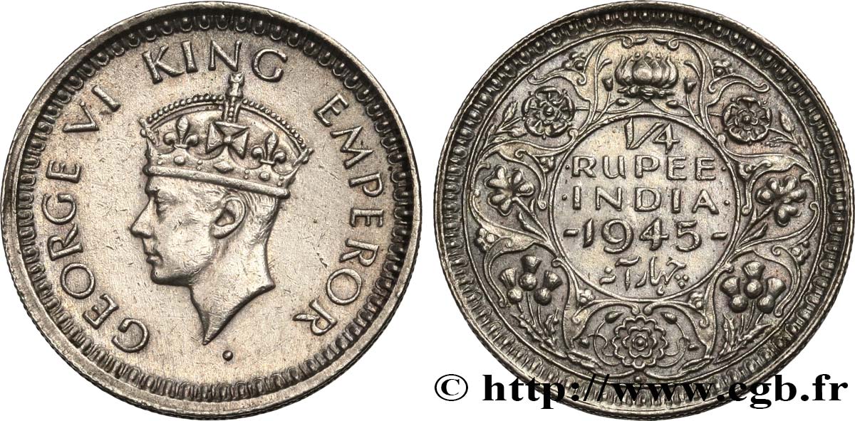INDIA BRITÁNICA 1/4 Rupee (Roupie) Georges VI couronné 1945 Bombay EBC 