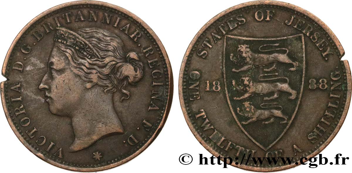 JERSEY 1/12 Shilling Reine Victoria 1888  TB+ 