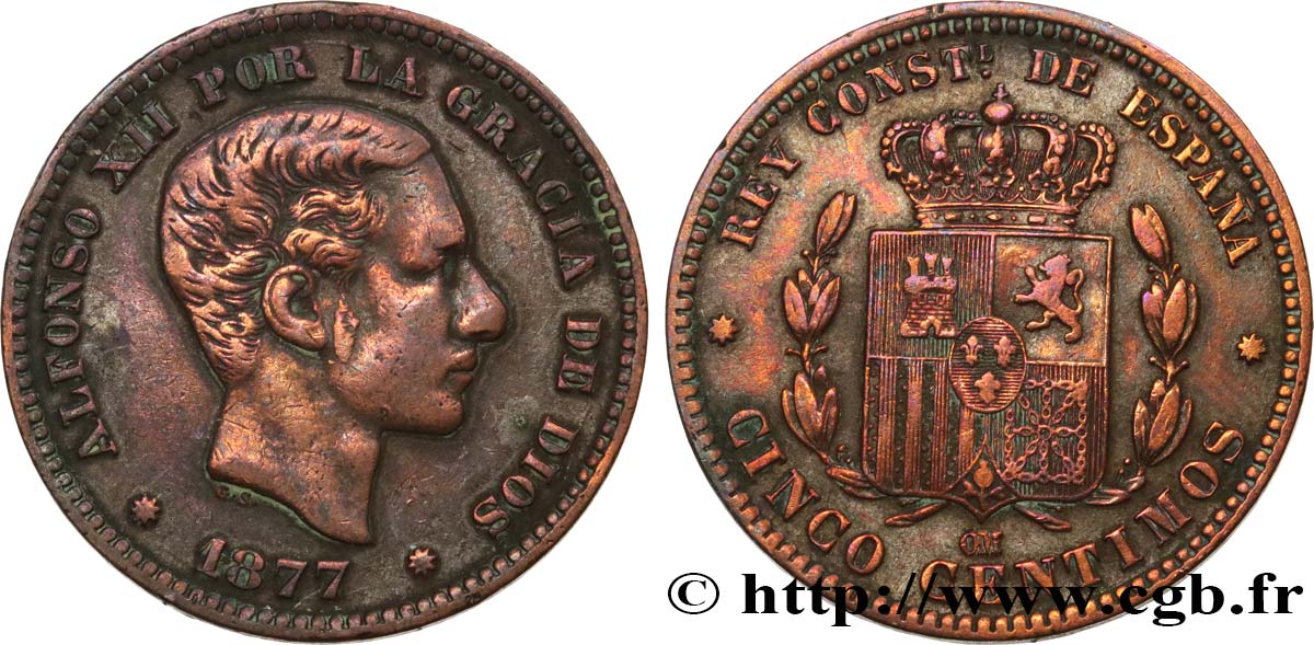 SPAIN 5 Centimos Alphonse XII 1877 Oeschger Mesdach & CO XF 