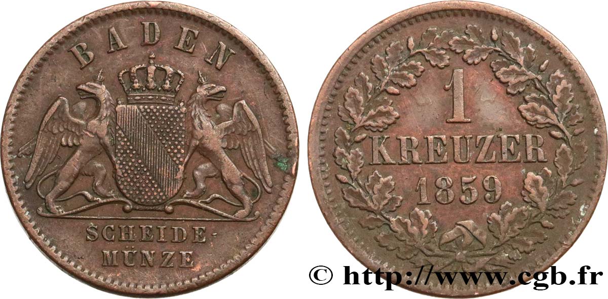 ALLEMAGNE - BADE 1 Kreuzer Grand-Duché de Bade 1859  TTB 
