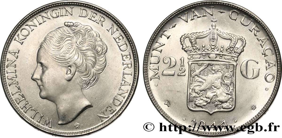 CURAçAO 2 1/2 Gulden reine Wilhelmina des Pays Bas 1944 Denver VZ 