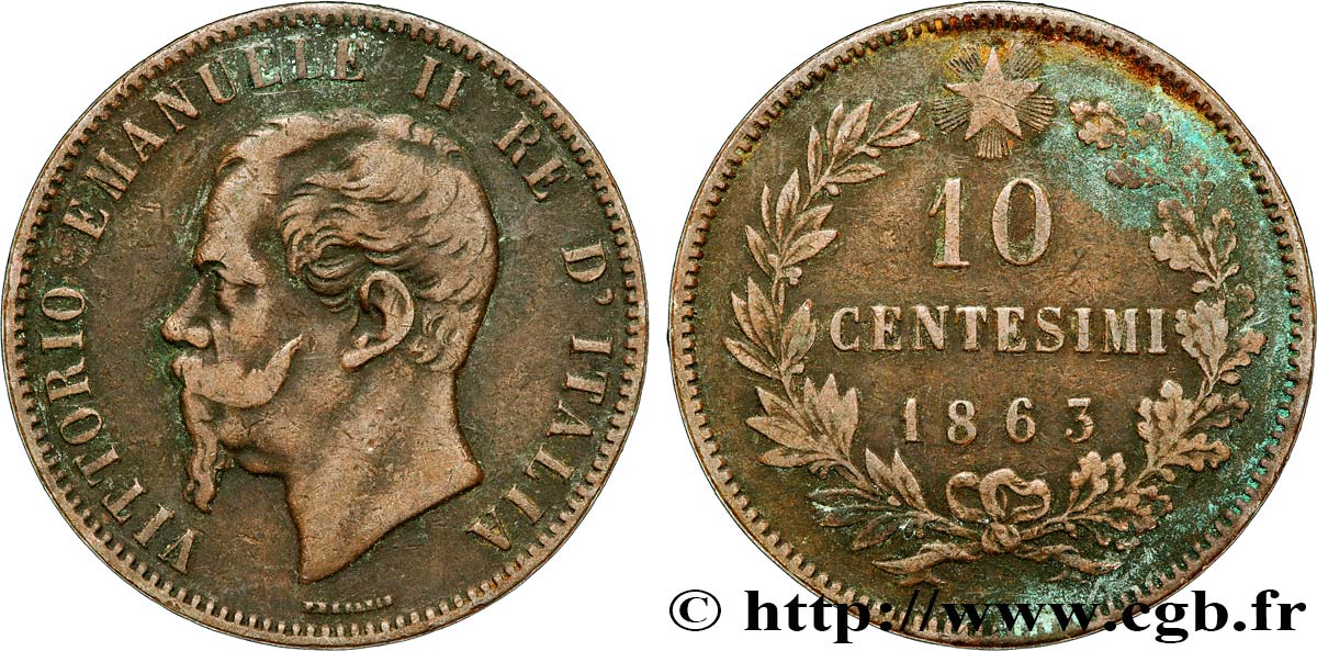 ITALY 10 Centesimi Victor Emmanuel II 1863  VF 