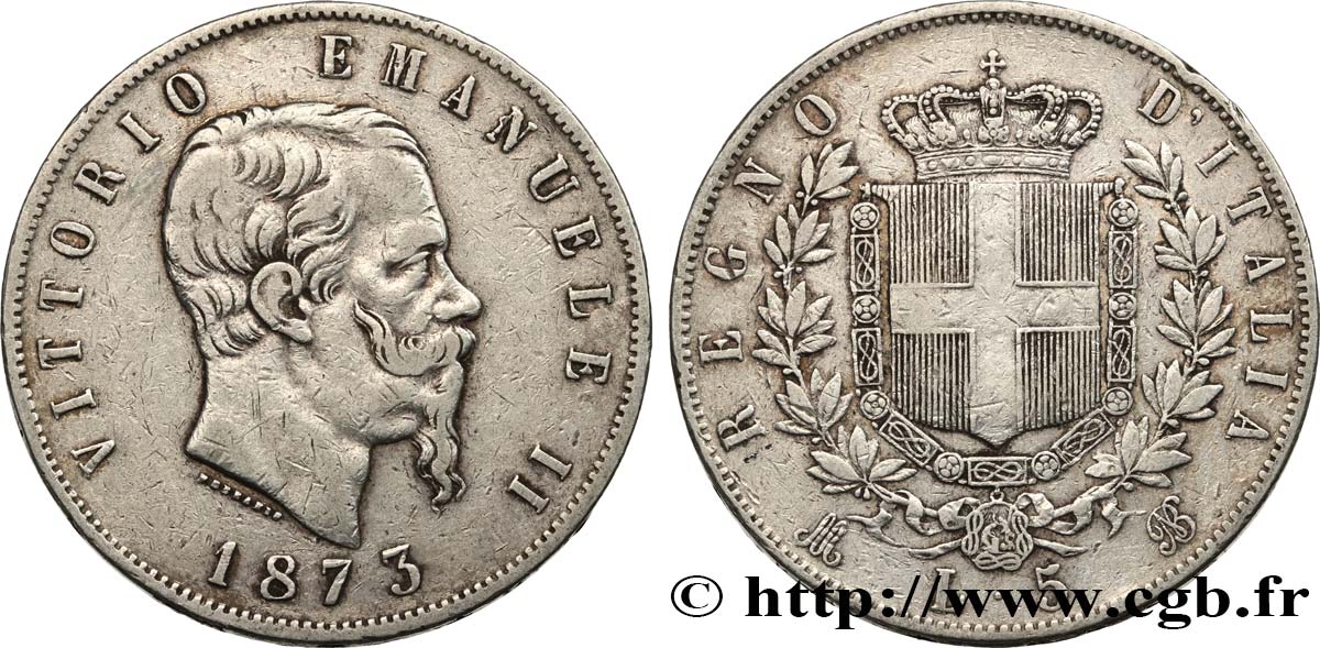 ITALIE 5 Lire Victor Emmanuel II 1873 Milan TB+ 