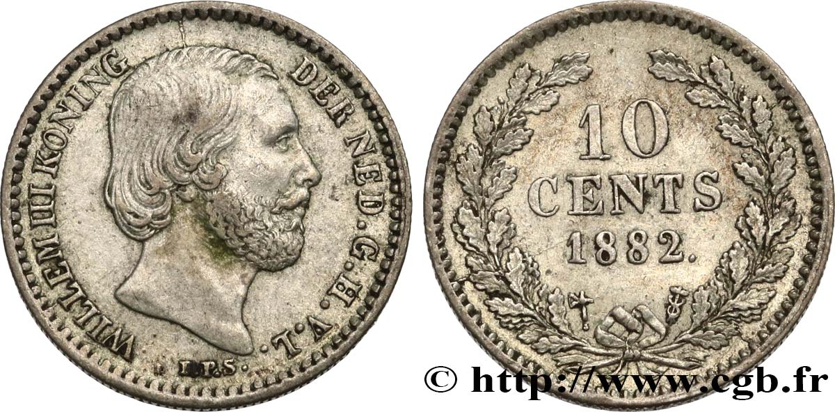 NETHERLANDS 10 Cents Guillaume III 1882 Utrecht XF 