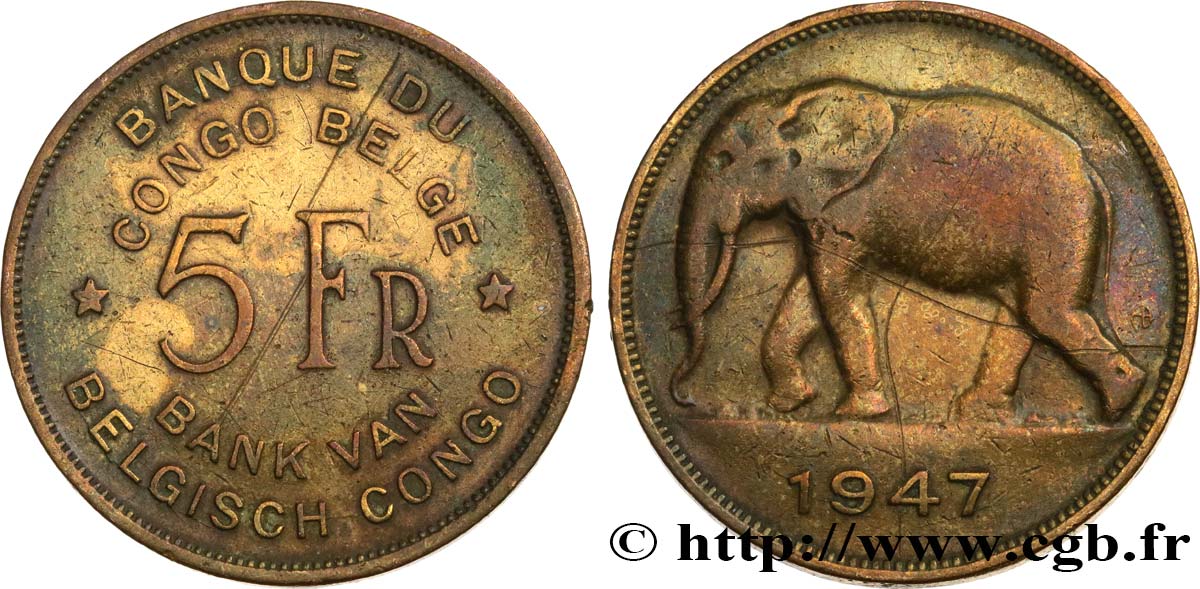 BELGIAN CONGO 5 Francs éléphant 1947  XF 