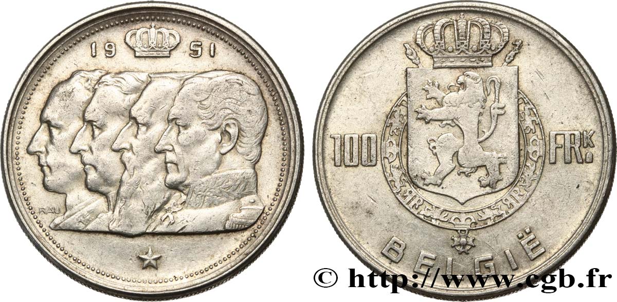 BELGIUM 100 Franken (Francs) Quatre rois de Belgique, légende flamande 1951  XF 