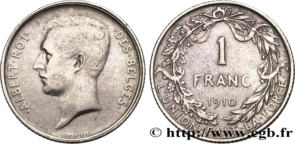BELGIQUE 1 Franc Albert Ier légende française 1910  TB+ 