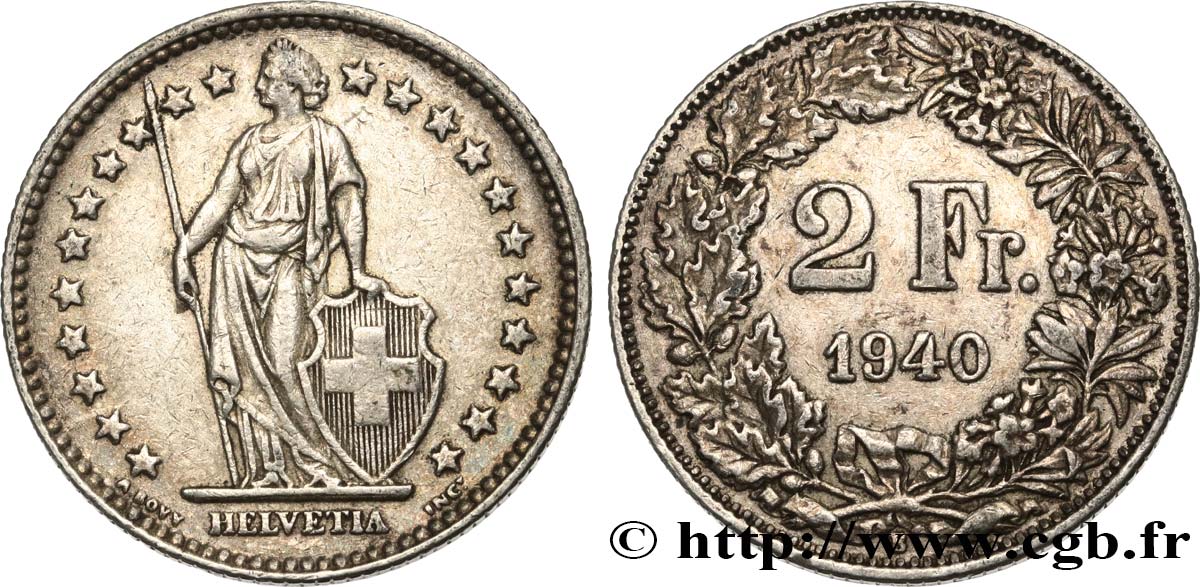 SCHWEIZ 2 Francs Helvetia 1940 Berne  fVZ 