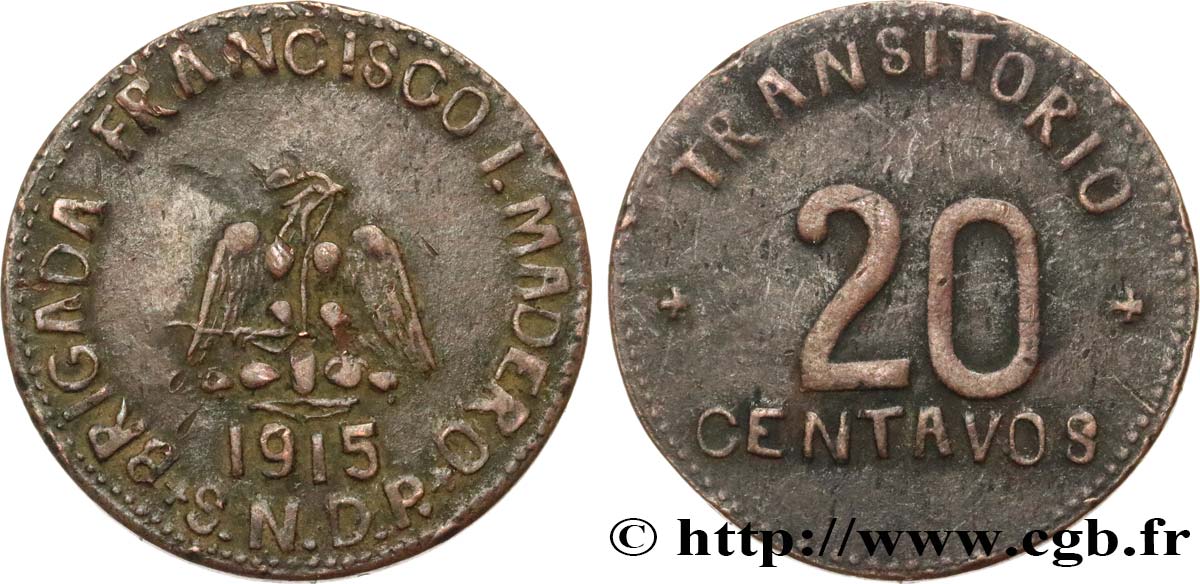 MEXIQUE 20 Centavos 1915  TTB 