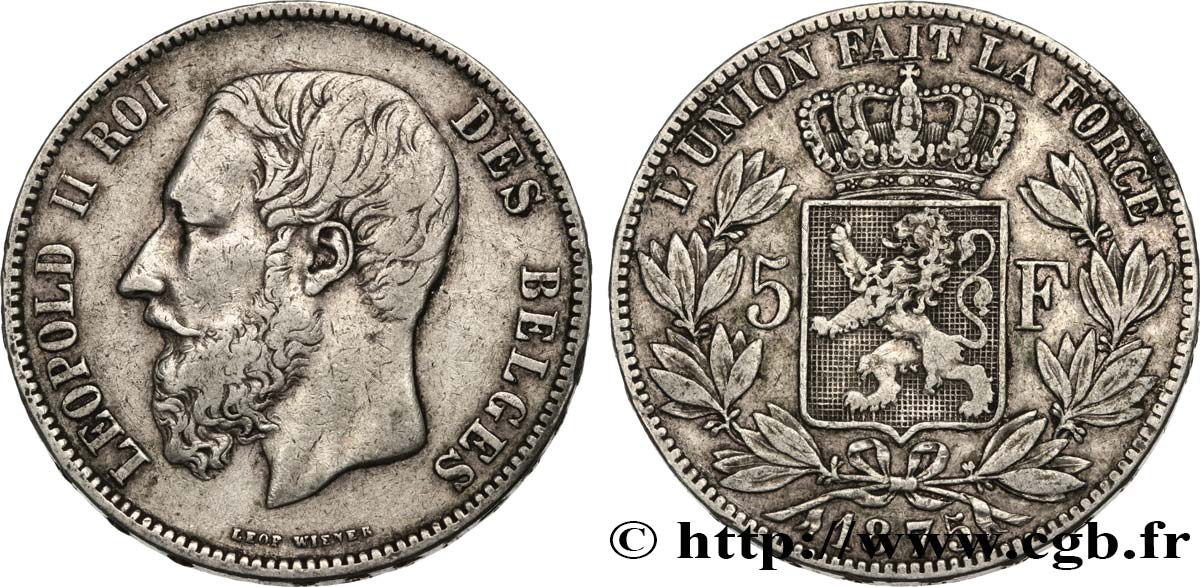 BELGIQUE 5 Francs Léopold II 1875  TTB 