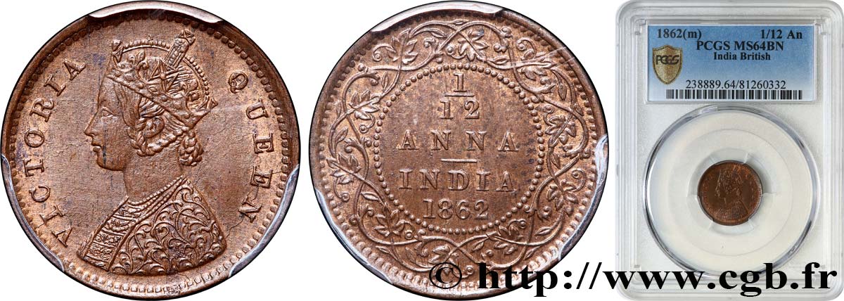 INDIA BRITANNICA 1/12 Anna Victoria 1862 Madras MS64 PCGS