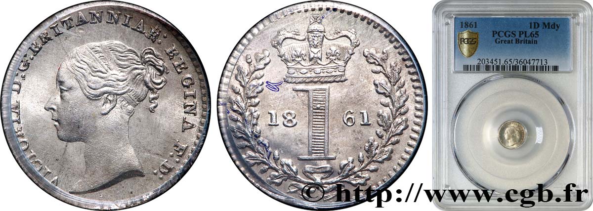 GREAT BRITAIN - VICTORIA 1 Penny Victoria “Bun Head” Prooflike 1861  MS65 PCGS
