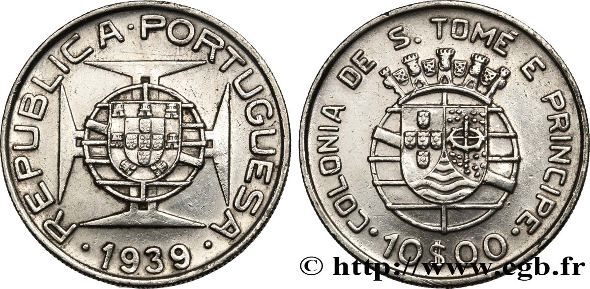 SAO TOME AND PRINCIPE 10 Escudos colonie portugaise 1939  XF 