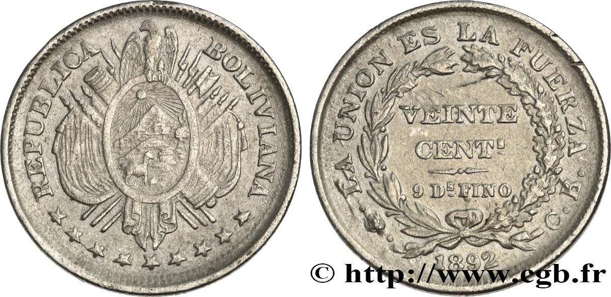 BOLIVIE 20 Centavos 1892 Potosi TTB+ 
