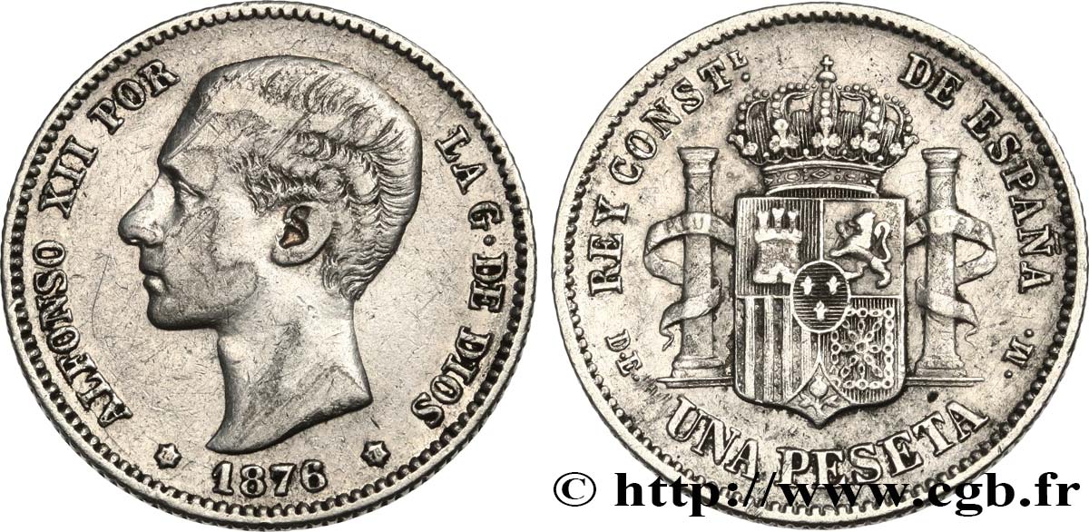 SPAIN 1 Peseta Alphonse XII 1876 Madrid VF 